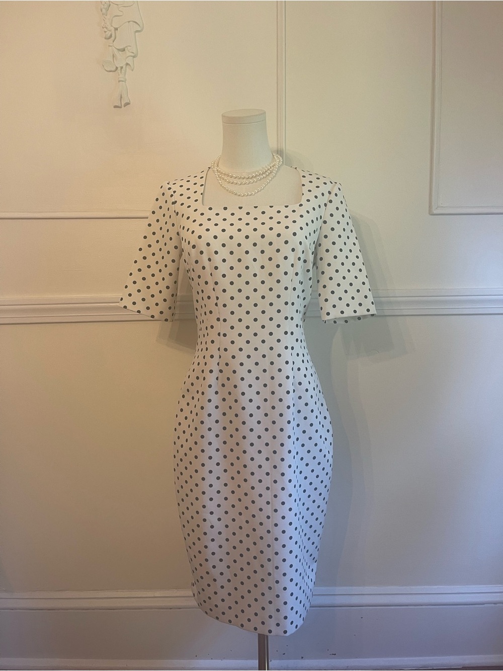 Hobbs London Classic White Polka Dot Midi Dress with Square Neck